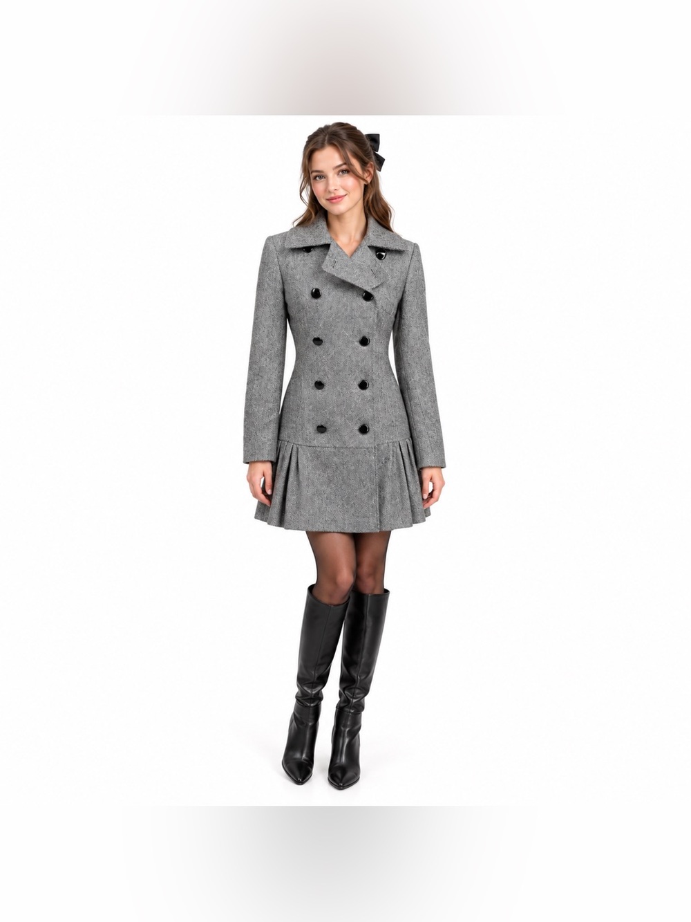 Helene Berman London Wool Herringbone Pleated Coat Gray Size S